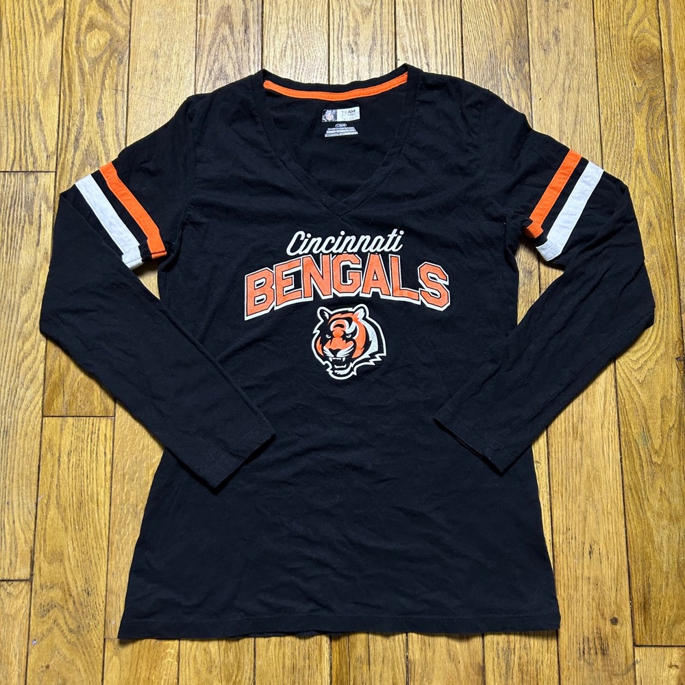 NFL Team Apparel Cincinnati Bengals Womens V-Neck Long Sleeve Shirt Black Large